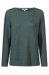 Dunkelgrüner Pullover mit Strukturmuster, Rundhalsausschnitt, lange Ärmel, gerade geschnitten