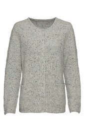 Hellgraue Strickjacke mit meliertem Muster, rundem Ausschnitt, durchgehende Knopfreihe, lange Ärmel, zwei aufgesetzte Taschen vorne