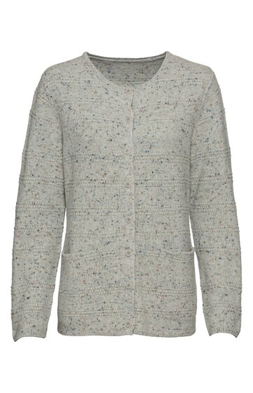 Hellgraue Strickjacke mit meliertem Muster, rundem Ausschnitt, durchgehende Knopfreihe, lange Ärmel, zwei aufgesetzte Taschen vorne