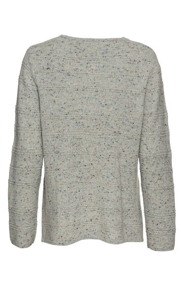 Hellgrauer Pullover mit schwarzem Melange-Muster, Rundhalsausschnitt, lange Ärmel, gerade geschnitten, Rückansicht ohne sichtbare Verschlüsse oder Verzierungen