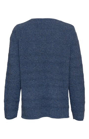 Dunkelblauer Pullover mit feinem Rippenmuster, lange Ärmel, gerade Form, Rundhalsausschnitt, unisex, ohne sichtbare Verzierungen