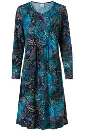 Langärmeliges midikleid in türkis und dunkelblau mit abstraktem muster aus weißen und lila Punkten, rundhalsausschnitt, lockere A-linie, ohne erkennbare Verschlüsse