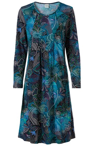 Langärmeliges midikleid in türkis und dunkelblau mit abstraktem muster aus weißen und lila Punkten, rundhalsausschnitt, lockere A-linie, ohne erkennbare Verschlüsse