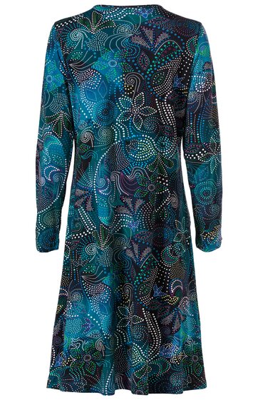 Langärmeliges Kleid in Petrol und Dunkelblau mit abstraktem Blumenmuster, Rundhalsausschnitt, knielang, ausgestellte Rockform