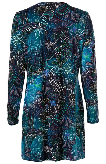 Langärmliges Kleid in dunklem Petrol und Blau mit abstraktem, punktebesetztem Blumenmuster, Rundhalsausschnitt, gerade geschnitten, knielang