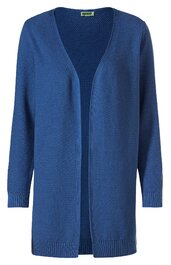 Offene Strickjacke in royalblau ohne Verschluss, längere Form mit geradem Saum, strukturierte Maschen, lange Ärmel mit gerippten Bündchen