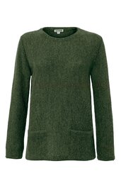Dunkelgrüner Pullover, uni, Rundhalsausschnitt, lange Ärmel, zwei aufgesetzte Taschen vorne, gerade geschnitten
