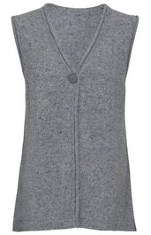 Ärmellose Strickweste in hellgrau, fein meliert, V-Ausschnitt, eine runde graue Knopfleiste in der Mitte, gerade geschnitten