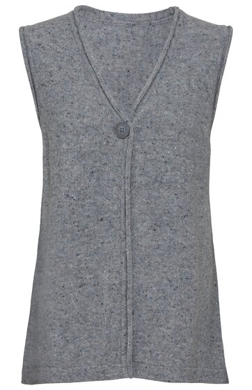 Ärmellose Strickweste in hellgrau, fein meliert, V-Ausschnitt, eine runde graue Knopfleiste in der Mitte, gerade geschnitten