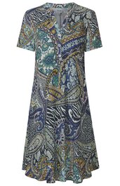 Kleid mit Paisley- und Zebra-Muster in Dunkelblau, Türkis, Weiß und Ocker, V-Ausschnitt mit schmalem Stehkragen, kurze Ärmel, knielang, leicht ausgestellte Form