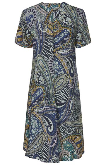 Kleid in Blau- und Grüntönen mit Paisley- und Zebrastreifenmuster, kurzärmlig, rundhalsausschnitt, knielang, legerer Schnitt
