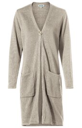 Hellbrauner, knielanger Strickcardigan ohne Muster, V-Ausschnitt, lange Ärmel, offene Front mit Einhängehaken, zwei aufgesetzte Taschen vorne