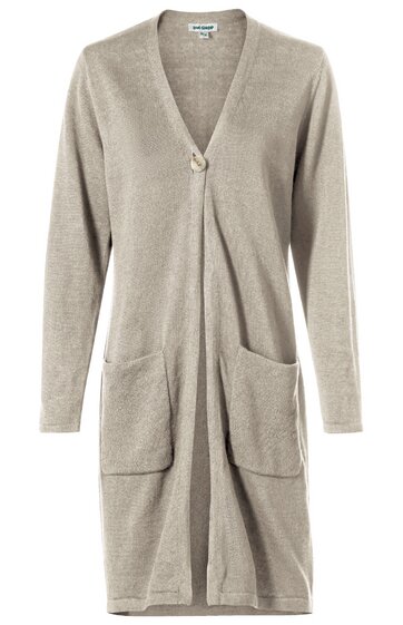 Hellbrauner, knielanger Strickcardigan ohne Muster, V-Ausschnitt, lange Ärmel, offene Front mit Einhängehaken, zwei aufgesetzte Taschen vorne