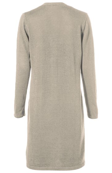 Langärmliges, knielanges Kleid in hellbeige, ohne Muster, schlichte gerade Form, Rückenansicht ohne sichtbare Verzierungen oder Details