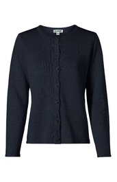 Dunkelblaue Damenstrickjacke, einfarbig, Rundhalsausschnitt, durchgehende Knopfleiste, lange Ärmel, gerade geschnitten