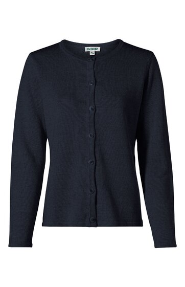 Dunkelblaue Damenstrickjacke, einfarbig, Rundhalsausschnitt, durchgehende Knopfleiste, lange Ärmel, gerade geschnitten
