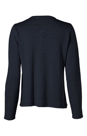 Dunkelblauer Pullover ohne Muster, Rundhalsausschnitt, lange Ärmel, gerade Form, Rückansicht