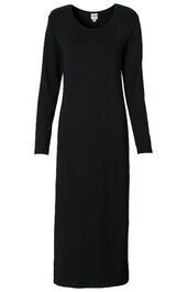 Schwarzes, langärmeliges Kleid, schlichtes Design, rundhals, knöchellang, gerade geschnitten