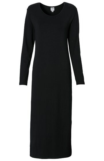 Schwarzes, langärmeliges Kleid, schlichtes Design, rundhals, knöchellang, gerade geschnitten