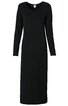 Schwarzes, langärmeliges Kleid, schlichtes Design, rundhals, knöchellang, gerade geschnitten