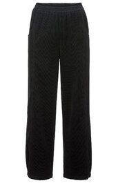 Schwarze, gerade geschnittene Hose mit elastischem Bund, seitlichen Eingrifftaschen, lässiger Passform, ohne sichtbare Muster oder Verzierungen