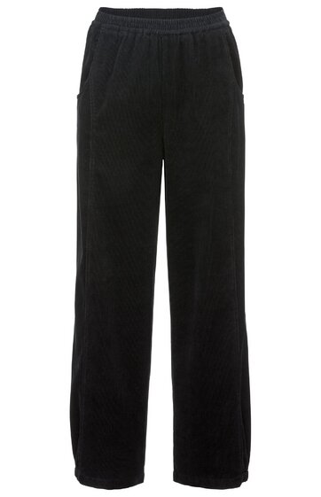 Schwarze, gerade geschnittene Hose mit elastischem Bund, seitlichen Eingrifftaschen, lässiger Passform, ohne sichtbare Muster oder Verzierungen