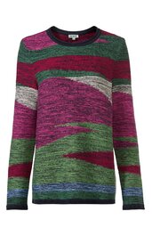 Pullover in dunklem bordeauxrot, dunkelgrün, hellgrau und blau mit abstraktem Mustermix, rundem Halsausschnitt, lange Ärmel, gerade Form