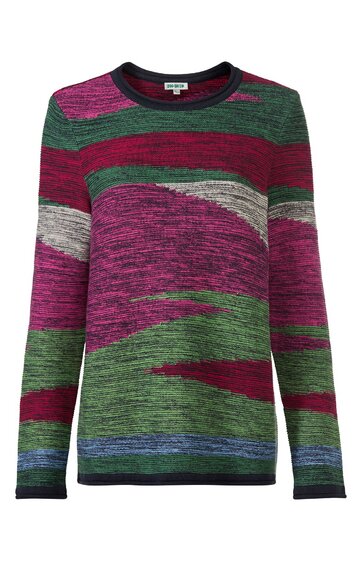 Pullover in dunklem bordeauxrot, dunkelgrün, hellgrau und blau mit abstraktem Mustermix, rundem Halsausschnitt, lange Ärmel, gerade Form