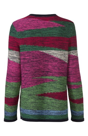 Langärmliger Pullover in dunkelgrün, magenta und grau mit abstraktem, verlaufendem Streifenmuster, Rundhalsausschnitt, gerade geschnitten
