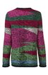 Langärmliger Pullover in dunkelgrün, magenta und grau mit abstraktem, verlaufendem Streifenmuster, Rundhalsausschnitt, gerade geschnitten