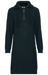 Dunkelblaues Strickkleid mit kurzem Reißverschluss vorne, Stehkragen, lange Ärmel, taillierte Passform, knielang