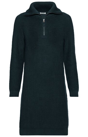 Dunkelblaues Strickkleid mit kurzem Reißverschluss vorne, Stehkragen, lange Ärmel, taillierte Passform, knielang