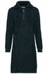 Dunkelblaues Strickkleid mit kurzem Reißverschluss vorne, Stehkragen, lange Ärmel, taillierte Passform, knielang