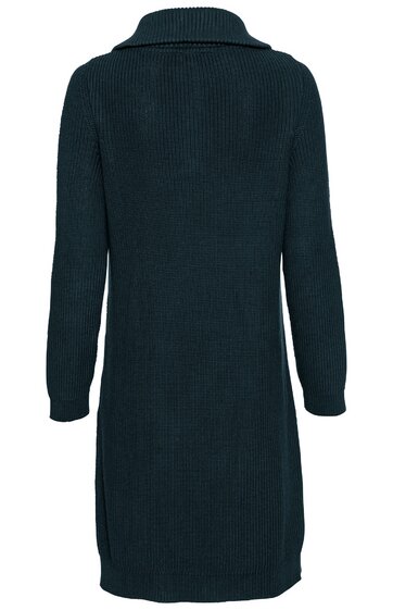 Langer Strickmantel in Dunkelgrün, durchgehend, mit breitem Kragen, lange Ärmel, gerade geschnitten, Rückenansicht