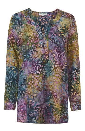 Langärmlige Bluse mit mehrfarbigem abstraktem Blattmuster in Grün-, Lila- und Gelbtönen, V-Ausschnitt mit Knopfleiste, gerader Schnitt