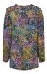 Langärmliges Oberteil in grün, lila und gelb mit abstraktem Muster, gerade geschnitten, Rundhalsausschnitt, keine sichtbaren Verschlüsse