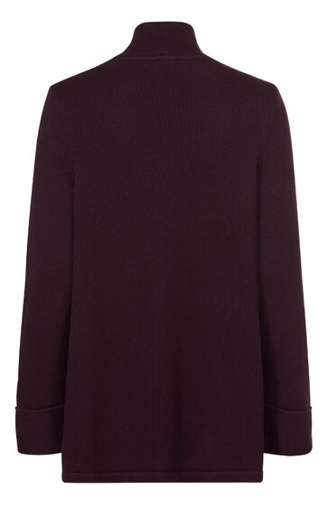 Langärmliger Pullover in dunkelweinrot, uni, hoher Stehkragen, gerade geschnitten, weite Ärmel mit breiten Bündchen, Rückansicht