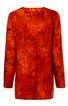 Langes Damenoberteil in dunklem Orange mit abstraktem Muster, Rundhalsausschnitt, lange Ärmel, gerade geschnitten, ohne sichtbare Verzierungen oder Verschlüsse