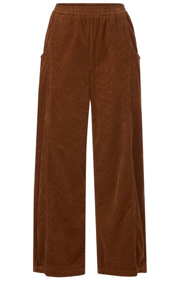 Hose in warmem Braunton, uni, mit elastischem Bund, geradem Bein, zwei seitlichen Eingrifftaschen, lang geschnitten