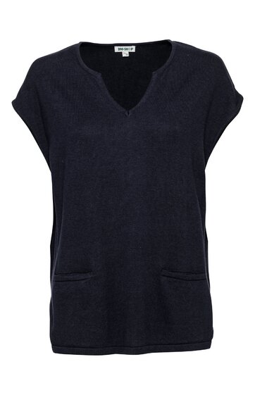 Dunkelblaues ärmelloses Strickoberteil, V-Ausschnitt, gerade Form, zwei aufgesetzte Taschen vorne