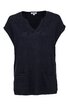 Dunkelblaues ärmelloses Strickoberteil, V-Ausschnitt, gerade Form, zwei aufgesetzte Taschen vorne