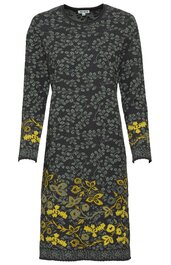 Dunkelgraues, knielanges Kleid mit langem Arm, grauem Blattmuster auf gesamter Fläche, gelb-grauer floral gestalteter Saum und Ärmelenden, Rundhalsausschnitt, gerade geschnitten