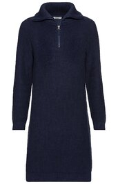 Dunkelblaues Strickkleid, durchgehender Reißverschluss bis zur Brust, Rollkragen, lange Ärmel, gerade geschnitten, knielang