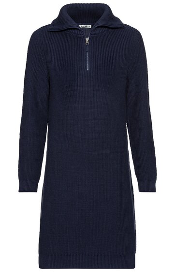 Dunkelblaues Strickkleid, durchgehender Reißverschluss bis zur Brust, Rollkragen, lange Ärmel, gerade geschnitten, knielang