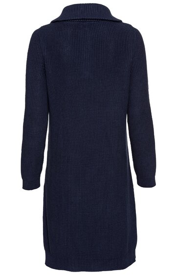 Dunkelblauer Strickmantel, einfarbig, langer gerader Schnitt, langer Ärmel, kleiner Kragen, keine sichtbaren Verschlüsse, Rückenansicht