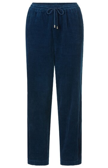 Dunkelblaue Hose mit geradem Schnitt, elastischem Bund, Kordelzug vorne, zwei seitlichen Eingrifftaschen