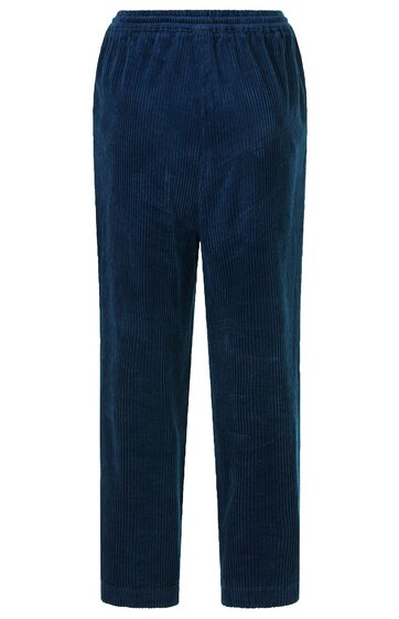 Dunkelblaue Hose ohne Muster, gerade geschnitten, mit elastischem Bund, keine sichtbaren Taschen oder Verzierungen