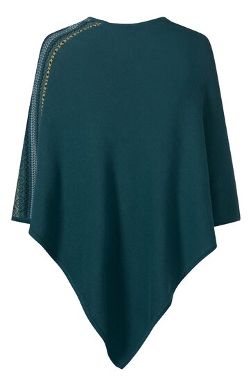 Dunkelgrünes Poncho-Oberteil mit asymmetrischem Saum, kurze Ärmel, linke Schulter mit goldfarbenen Ziernähten, runder Ausschnitt, locker fallende Form