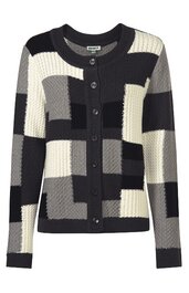 Strickjacke in Schwarz, Weiß und Grau mit Blockmuster, Rundhalsausschnitt, durchgehende Knopfleiste, lange Ärmel, gerade Form