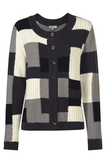 Strickjacke in Schwarz, Weiß und Grau mit Blockmuster, Rundhalsausschnitt, durchgehende Knopfleiste, lange Ärmel, gerade Form